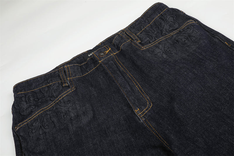 Wide-Leg Flare Jeans with Embossed Pocket Detail – Dark Indigo