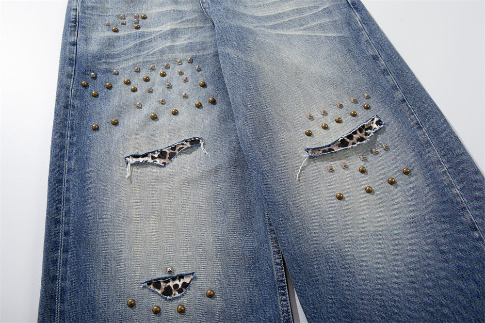 Wide-Leg Distressed Jeans with Studs & Leopard Patches — Men's American Street