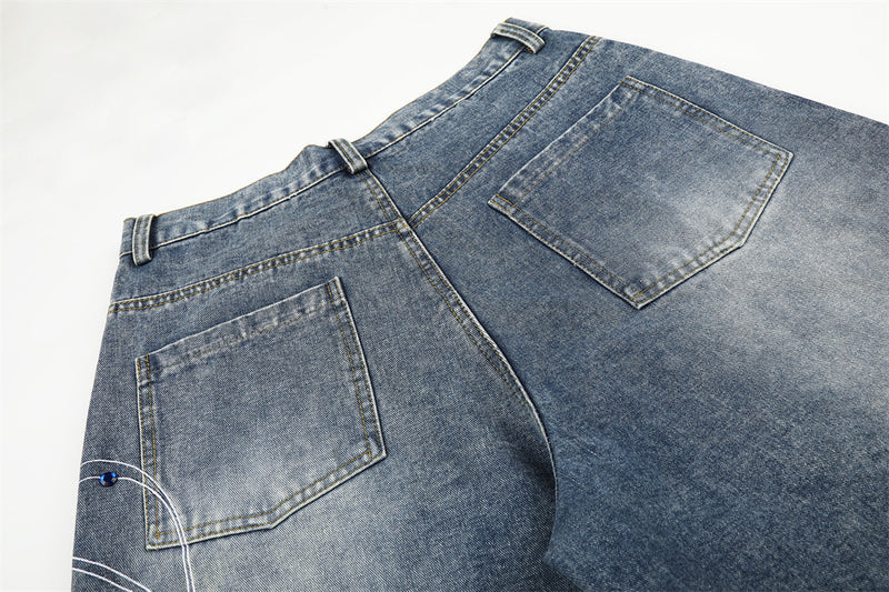 Men's Wide Leg Denim Shorts with Rhinestone Script Embroidery
