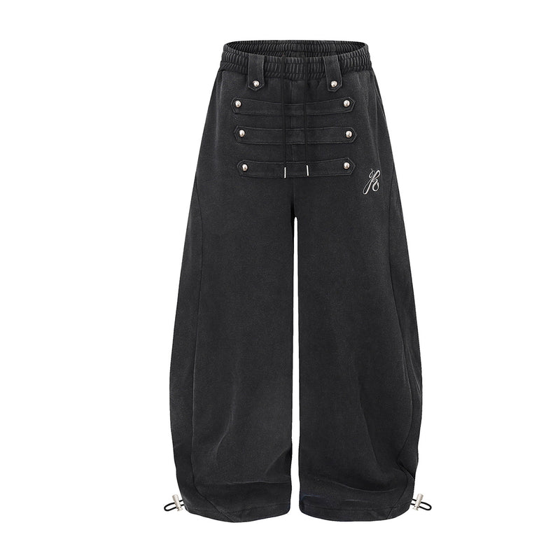 Wide-Leg Sweatpants with Decorative Button Panel & Drawstring Waist