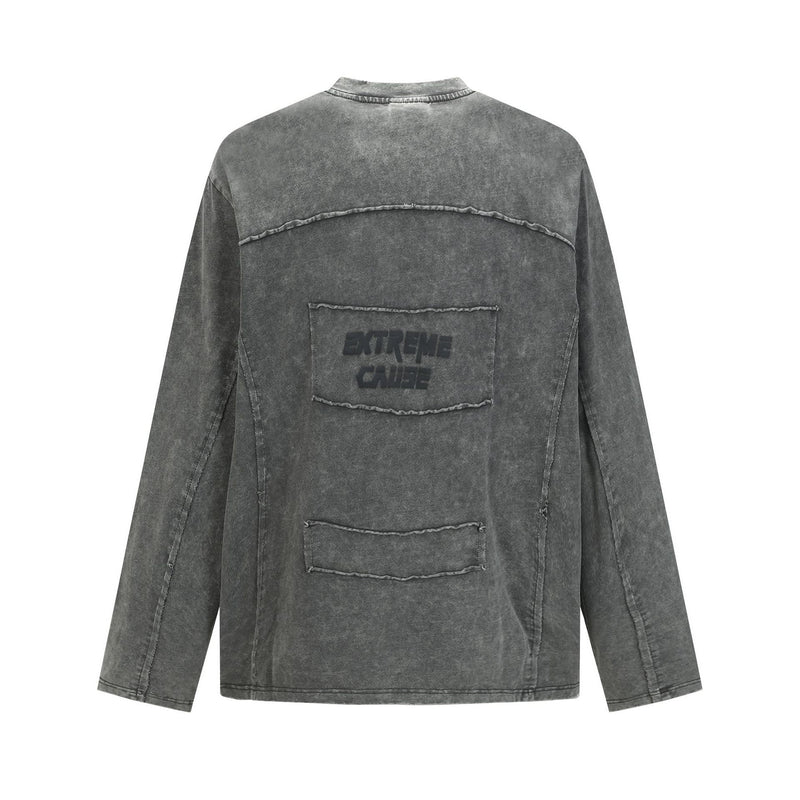 Pull homme gris à col rond – Délavé à l’acide, déstructuré, manches longues à bords bruts