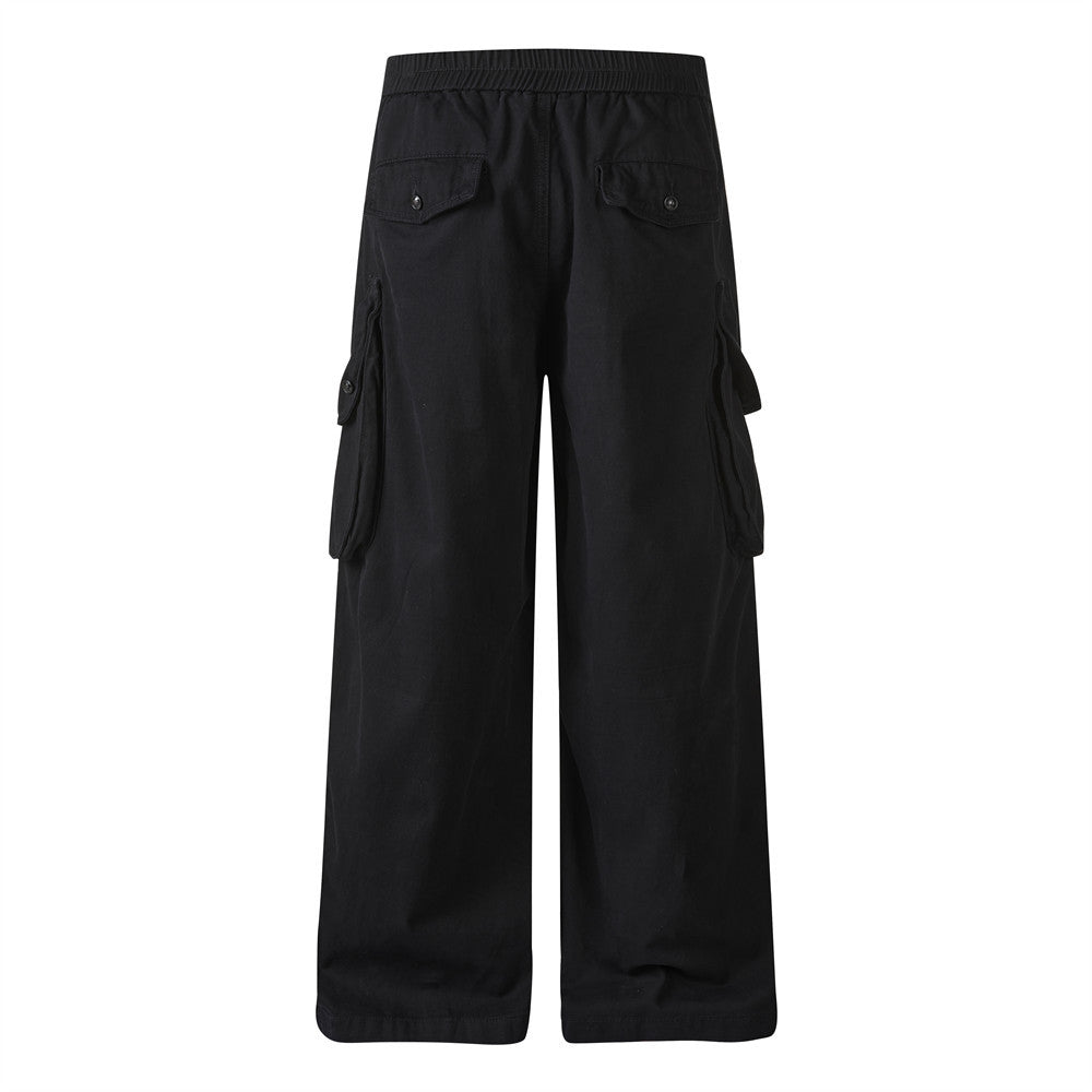 Pantalon cargo homme noir wide leg avec taille effet double boutonnage et multiples poches