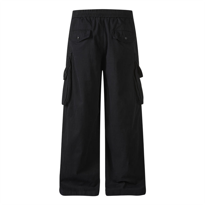 Pantalon cargo homme noir wide leg avec taille effet double boutonnage et multiples poches