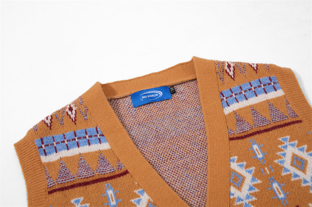 Men's V-Neck Sweater Vest Fair Isle Jacquard Knit Button-Front
