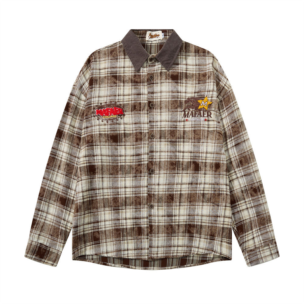 Men Long Sleeve Button Down Shirt Plaid Vintage Embroidered Flannel Overshirt