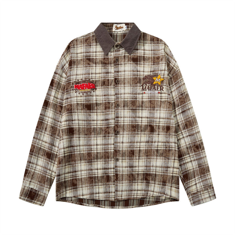 Men Long Sleeve Button Down Shirt Plaid Vintage Embroidered Flannel Overshirt