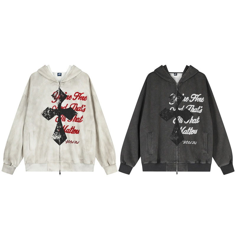 Sudadera desgastada con cremallera, gráfico de cruz y estampado de letras