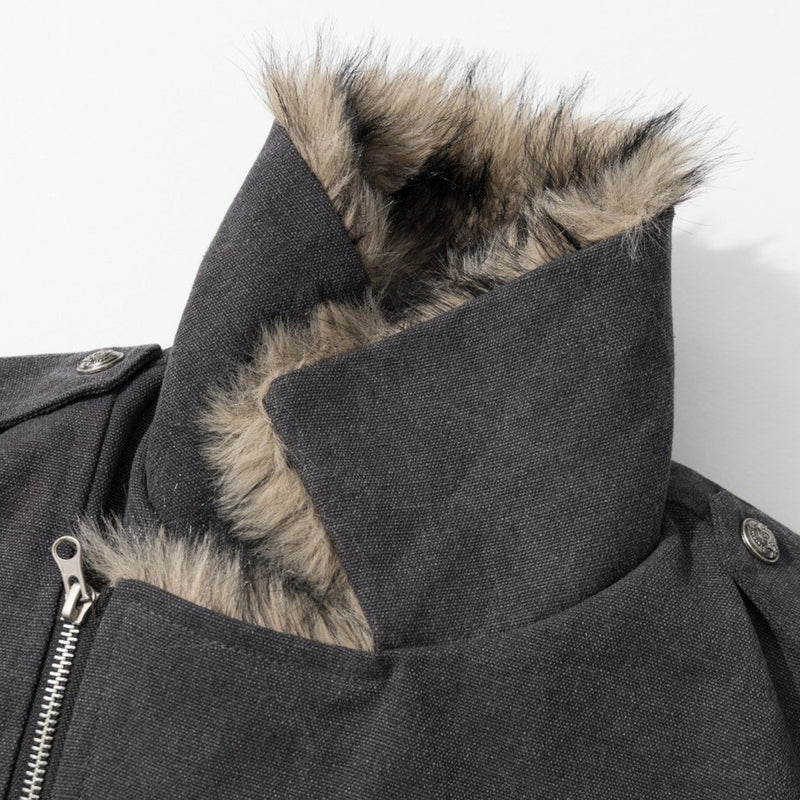 Veste moto homme à col en fausse fourrure – Zip diagonal, détails cloutés, gris anthracite