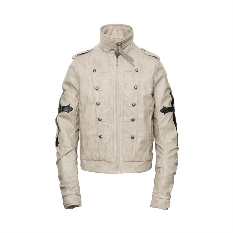 Gothic Cross Embroidered Padded PU Leather Moto Jacket – Double-Breasted Stand