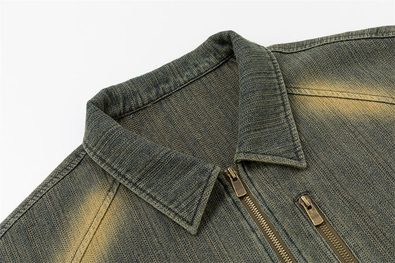 Vintage Washed Denim Jacket – Floral Embroidery, Zip-Up, Belted Waist