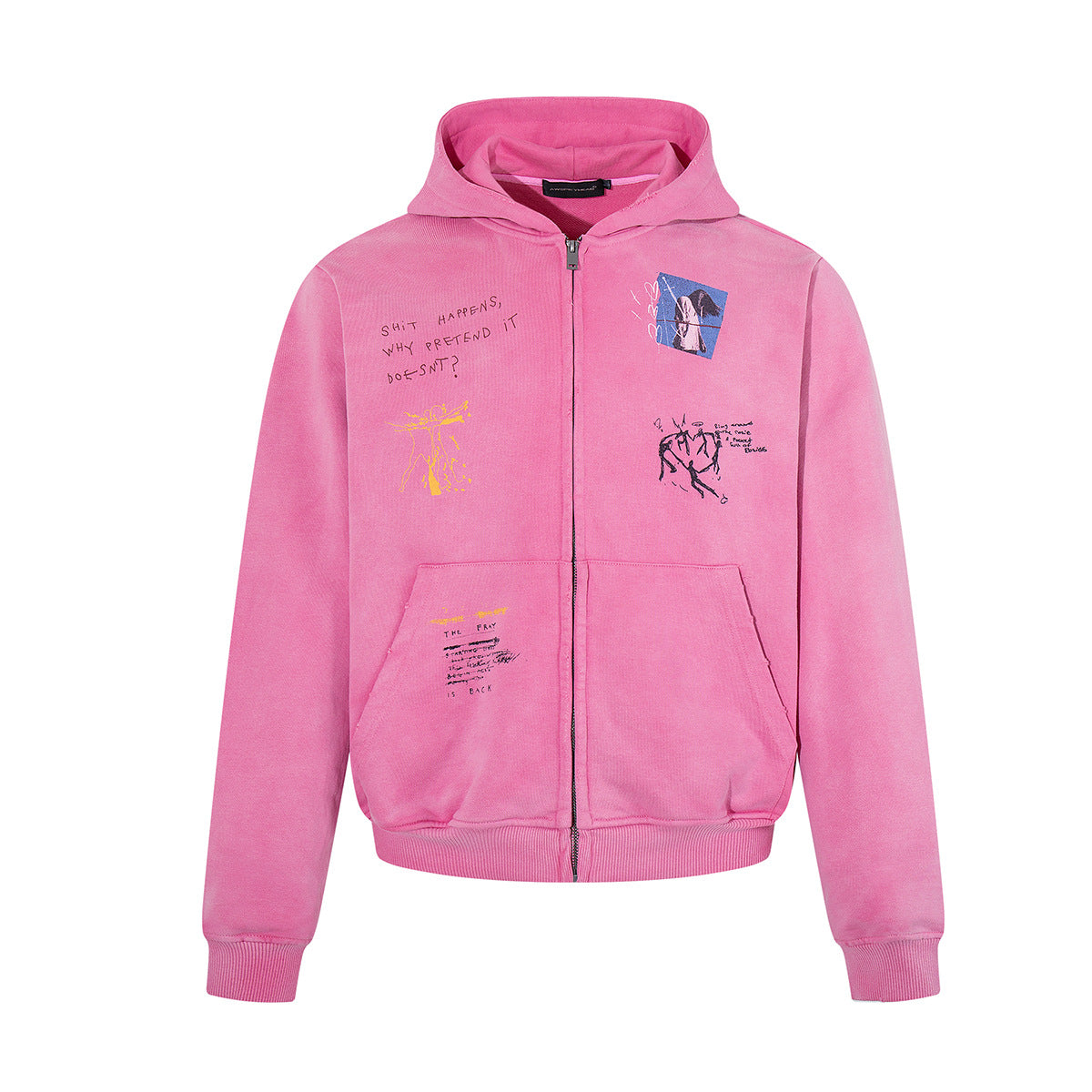 グラフィティグラフィックプリント入り アシッドウォッシュ ジップアップパーカー