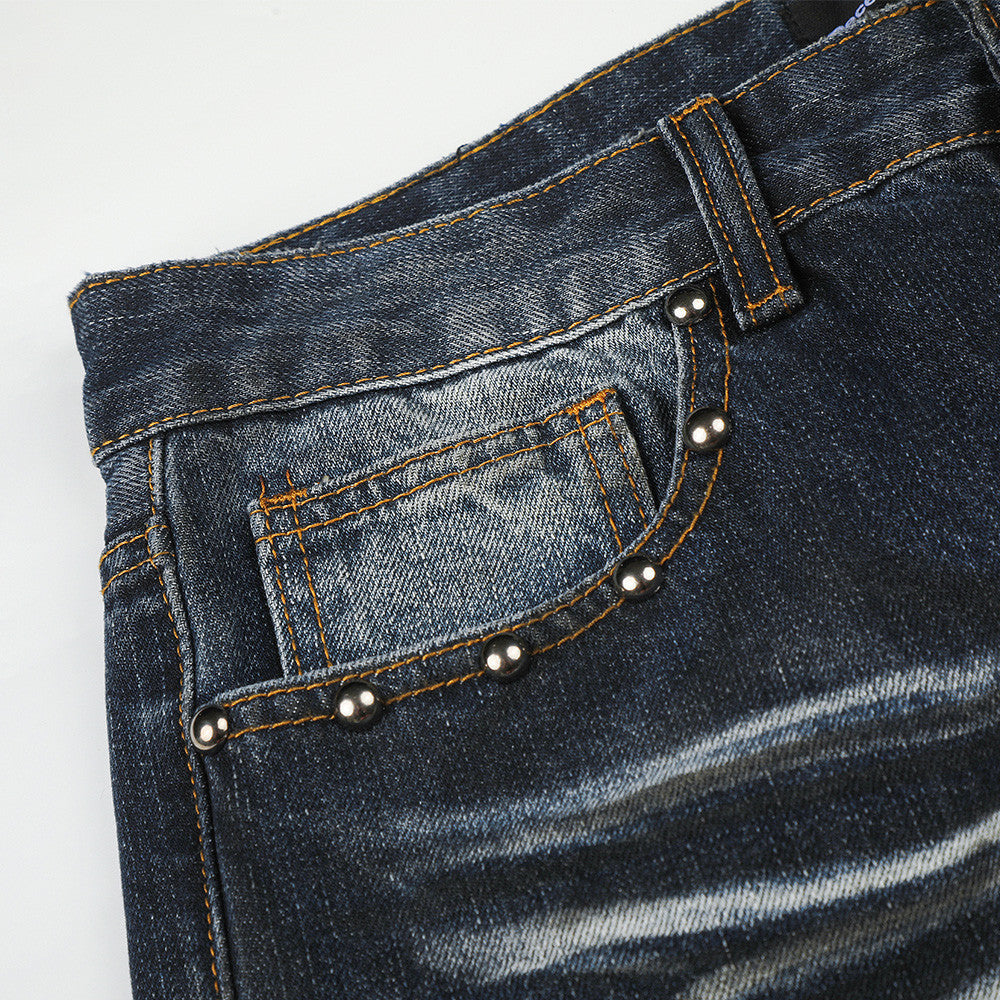 Men's Washed Distressed Straight-Leg Jeans with Union Jack Back Pockets