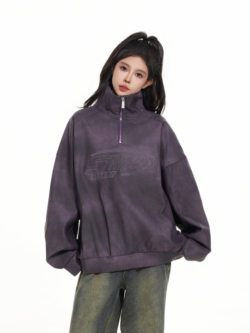Sweat-shirt SMK à demi-zip – Col montant vintage effet délavé à l’acide