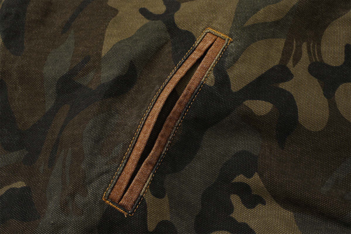 Veste de travail zippée en toile camouflage avec col en velours côtelé