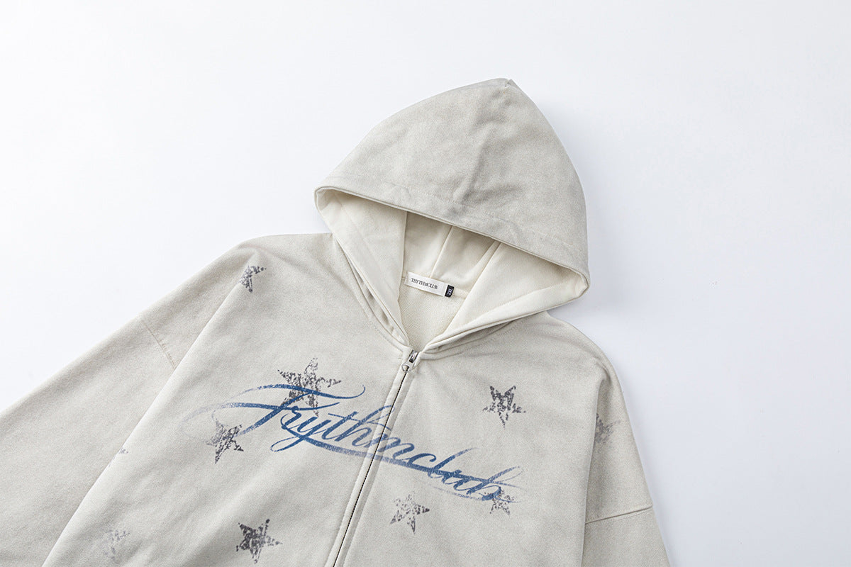 星柄ウォッシュドオーバーサイズ フルジップ ジップアップフーディー