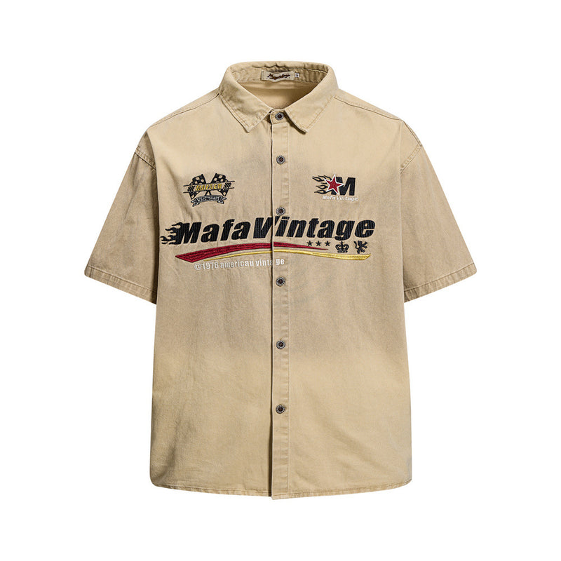 Mafa Vintage Racing Embroidered Short Sleeve Shirt – Washed Khaki Workwear Style