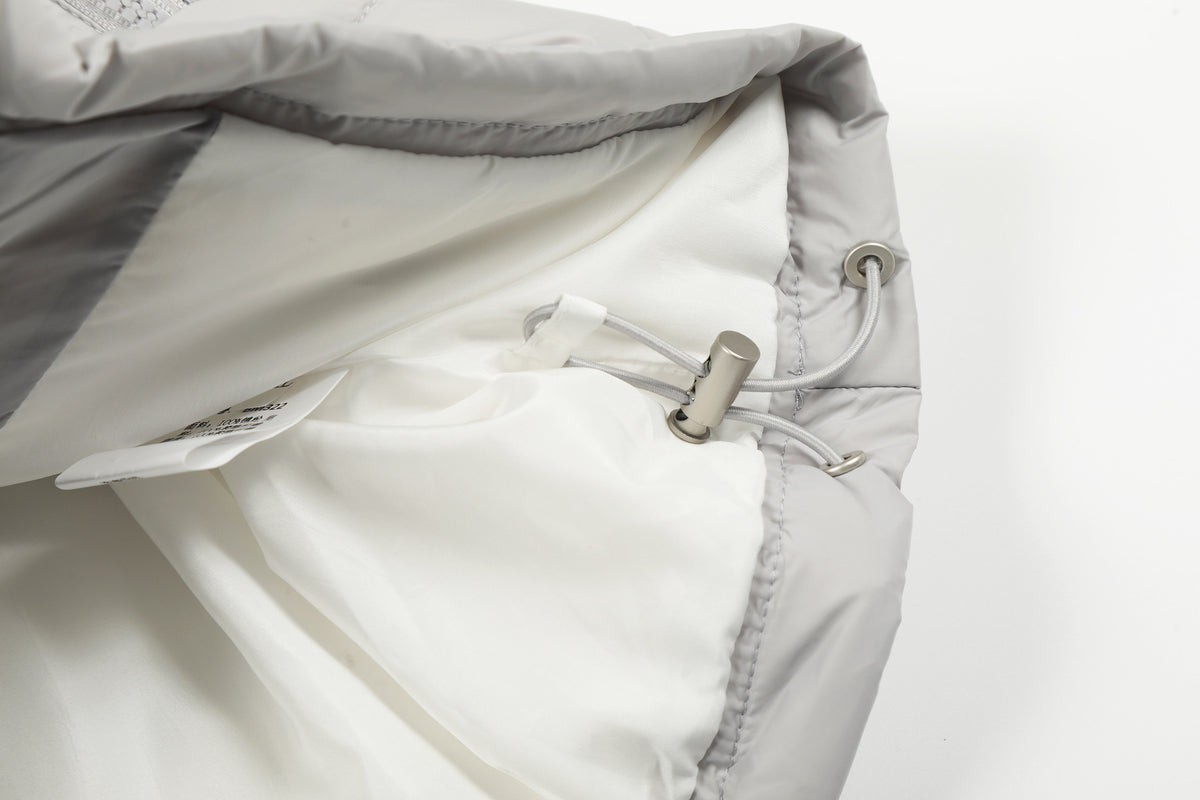 Hooded Puffer Down Jacket – Quilted Winter Coat in Light Gray & Black