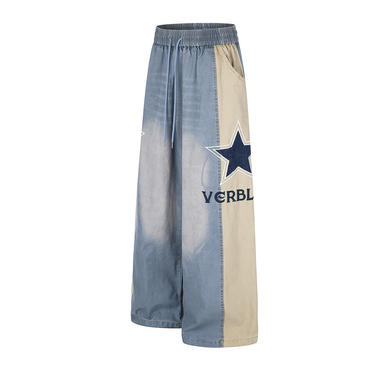 Jean wide leg délavé color block avec écusson étoile – Style street américain décontracté
