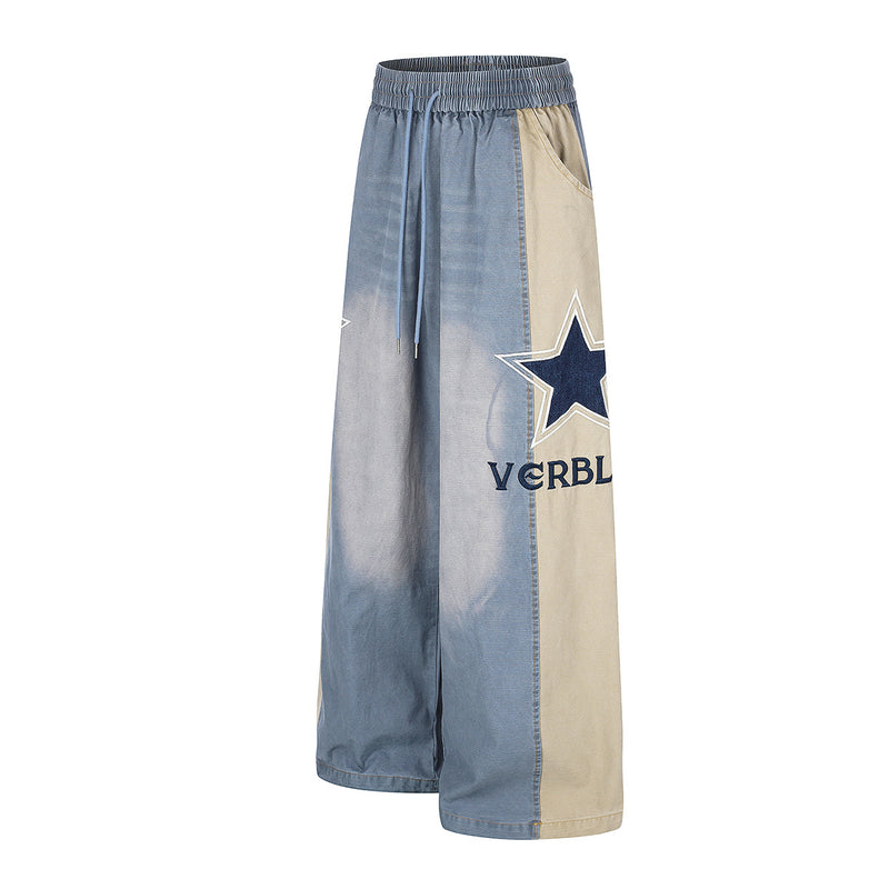 Jean wide leg délavé color block avec écusson étoile – Style street américain décontracté