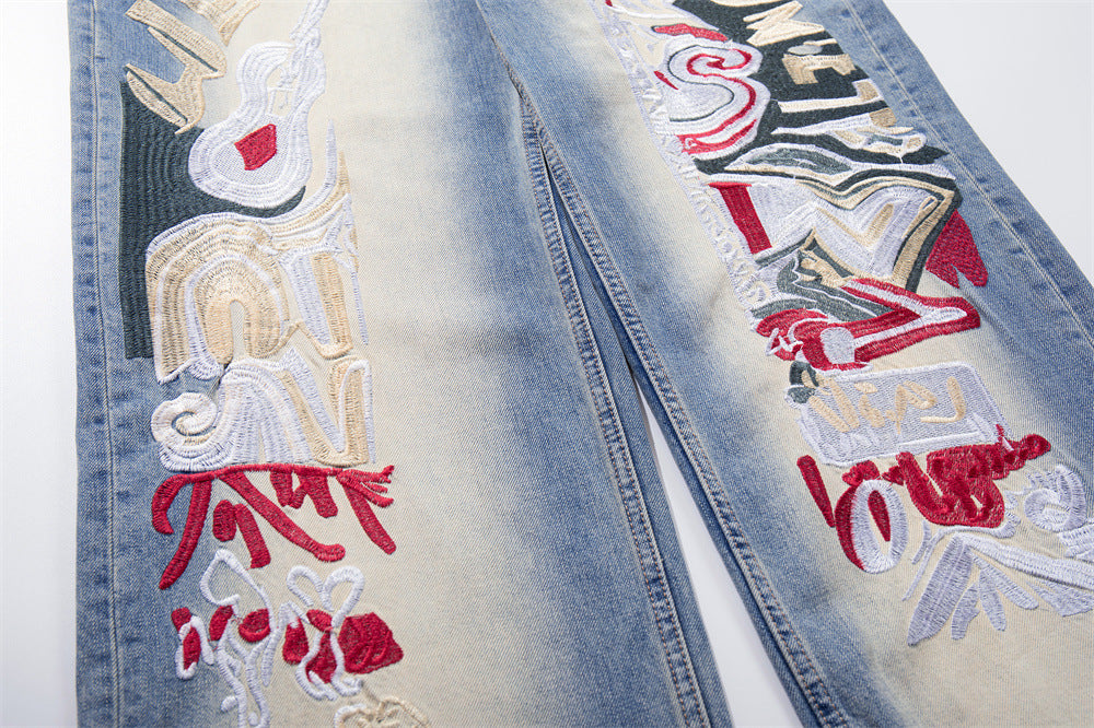 Graffiti Embroidered Wide-Leg Jeans – Punk Distressed Vintage Denim