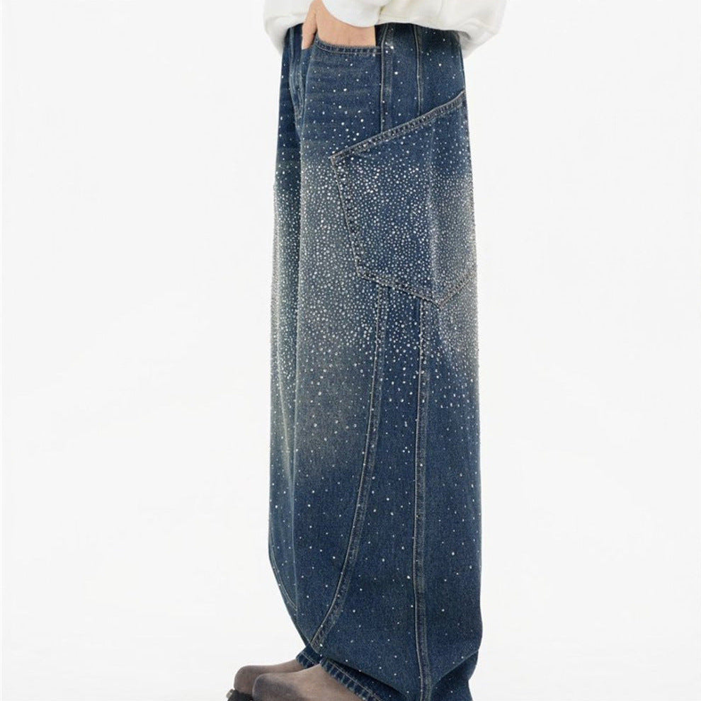 Rhinestone Wide-Leg Jeans – Men's Distressed Denim with Large Cargo Pockets &