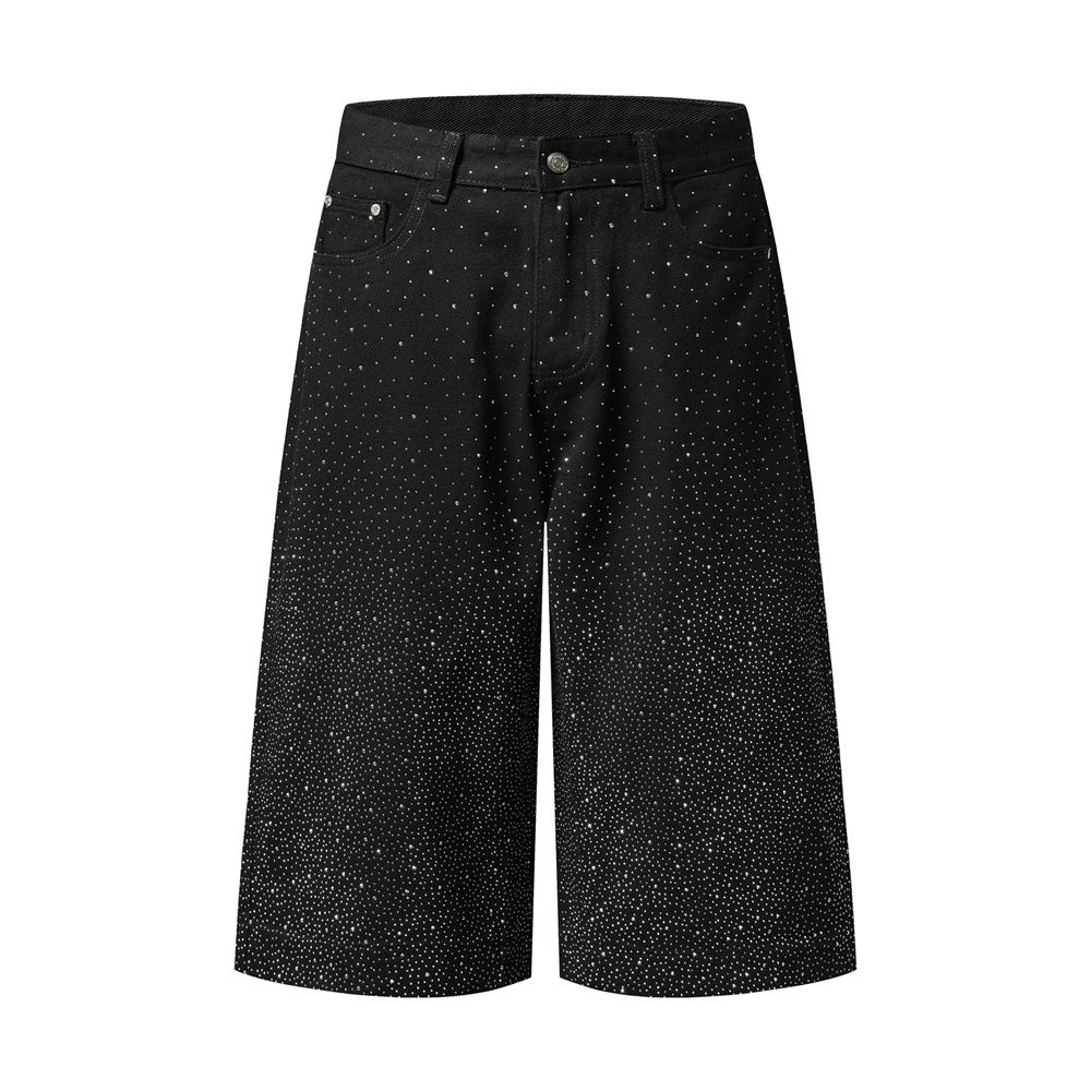 Wide-Leg Denim Shorts with Allover Rhinestone Detail – Men's Cropped Jean Shorts