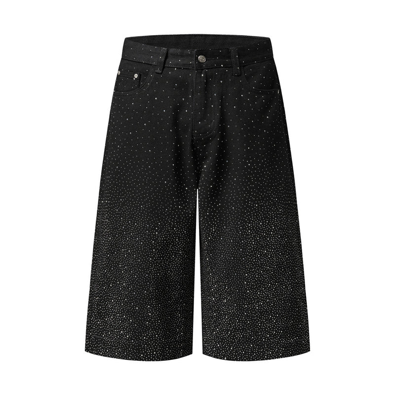 Wide-Leg Denim Shorts with Allover Rhinestone Detail – Men's Cropped Jean Shorts