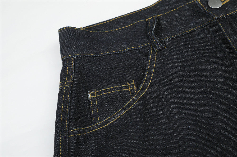 Wide-Leg Jeans Men – Dark Wash Denim with Script Embroidery & Faux Fur Cuffs