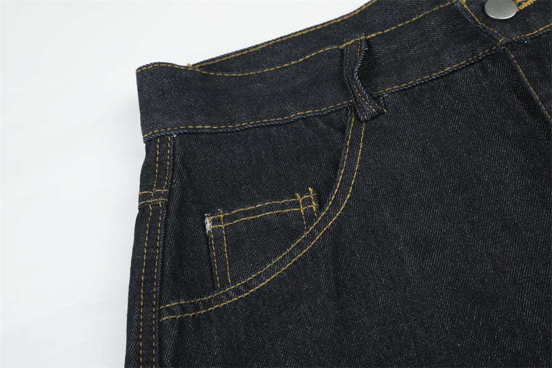 Wide-Leg Jeans Men – Dark Wash Denim with Script Embroidery & Faux Fur Cuffs