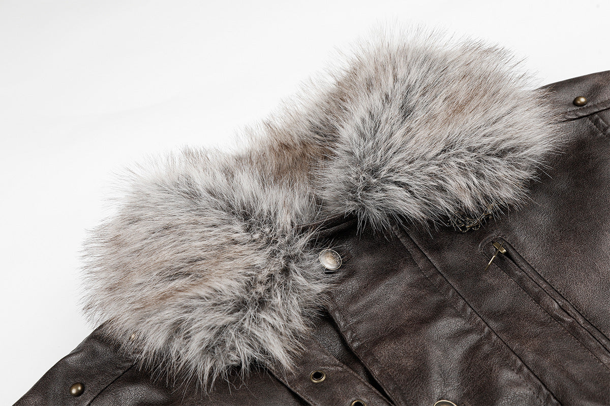 Close-up of the gray fur collar, snap fastener, and brown faux leather jacket surface