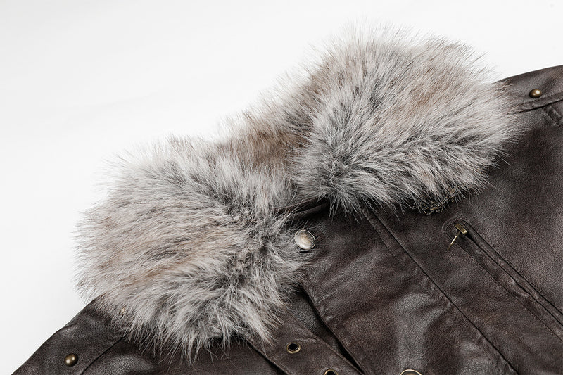 Close-up of the gray fur collar, snap fastener, and brown faux leather jacket surface