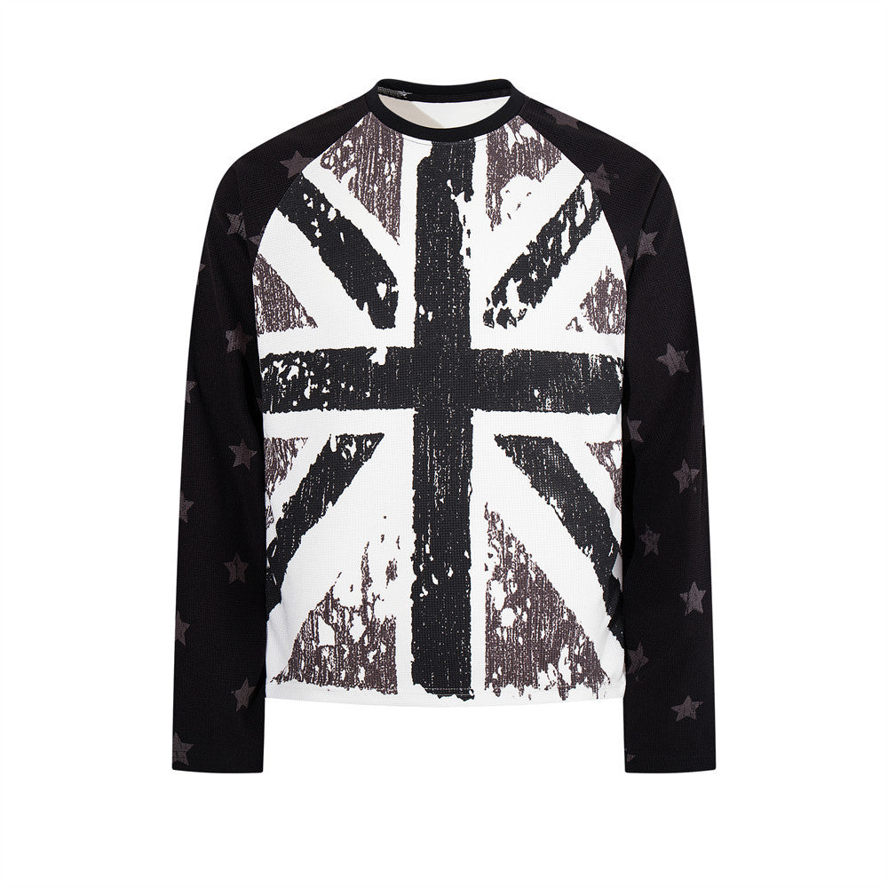 Men's long sleeve waffle shirt with distressed Union Jack graphic on white front panel and black star-print raglan sleeves