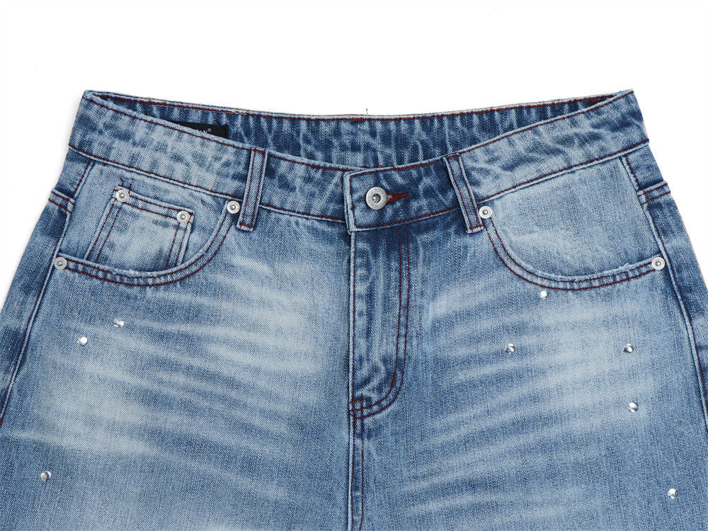 Men's Distressed Flare Jeans – Light Blue Washed Denim with Plaid Patch Detail
