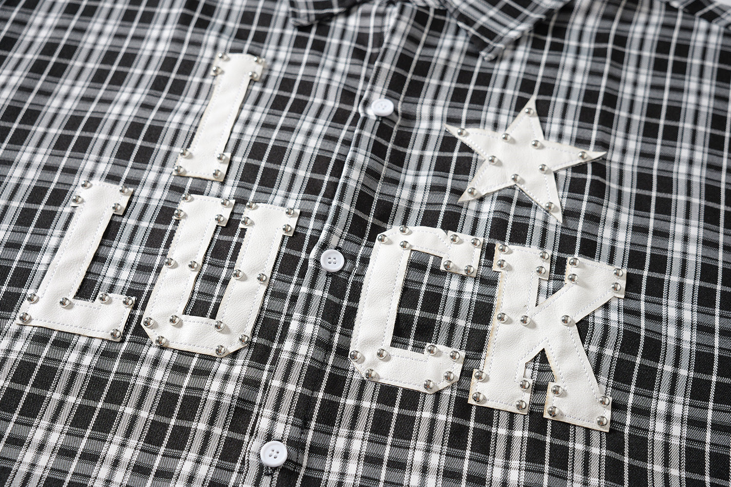 Designer Long Sleeve Shirt – Plaid Studded 'LUCK' Star Graphic, Relaxed Fit
