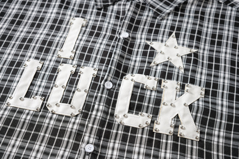 Designer Long Sleeve Shirt – Plaid Studded 'LUCK' Star Graphic, Relaxed Fit