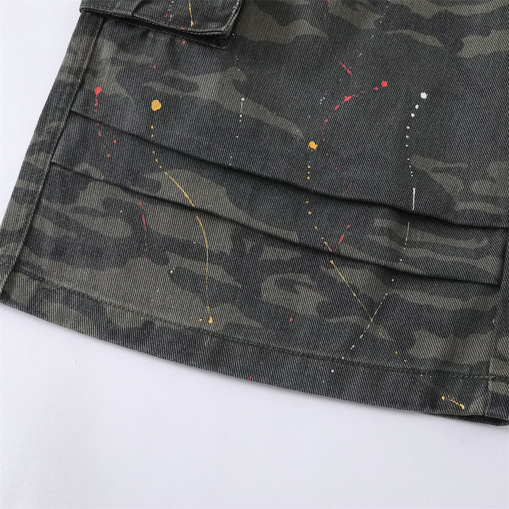 Camo Cargo Shorts – Paint Splatter Multi-Pocket Wide-Leg