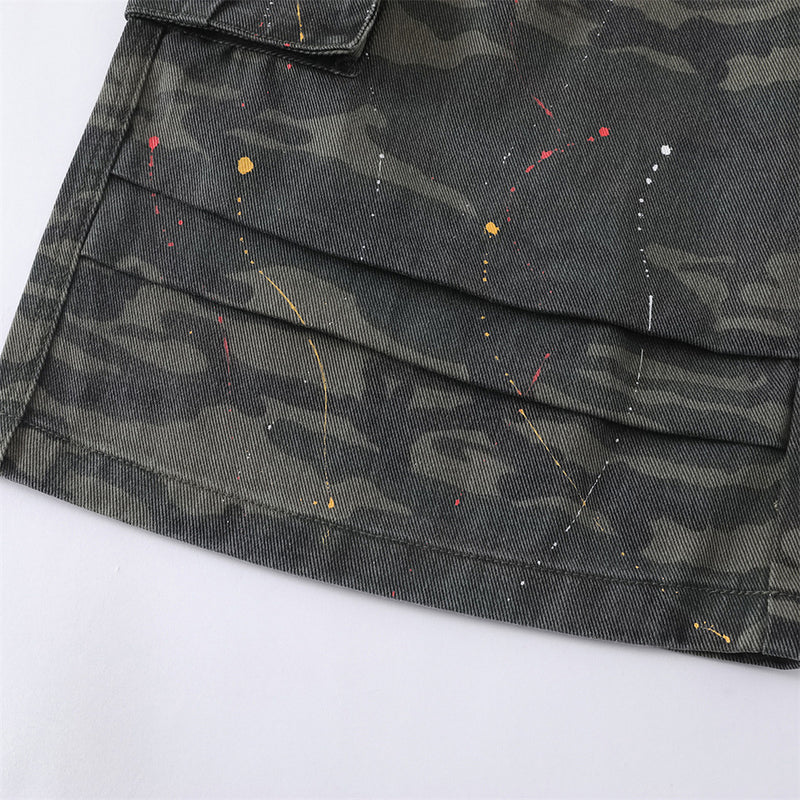 Camo Cargo Shorts – Paint Splatter Multi-Pocket Wide-Leg