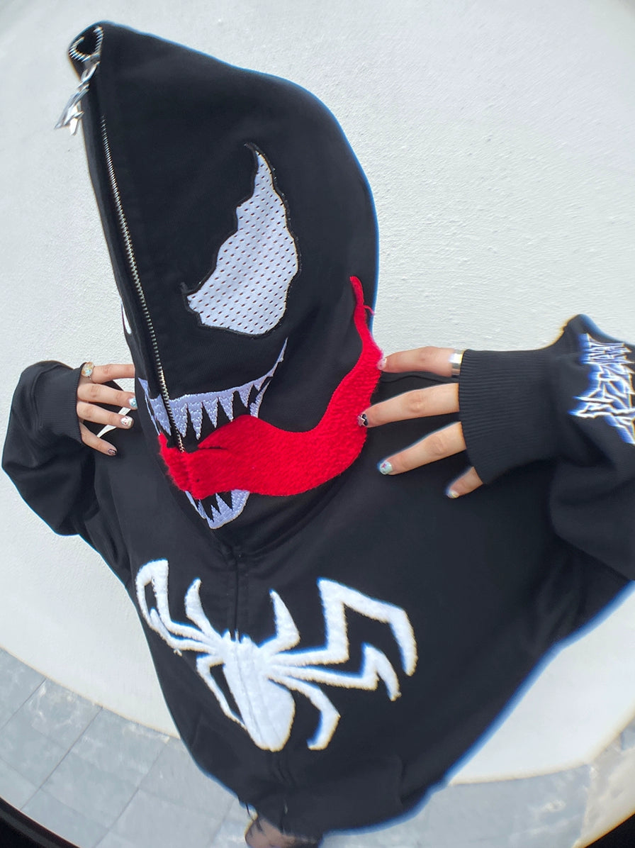 Venom-Inspired Hoodie with Signature Tongue and Spider Logo Design