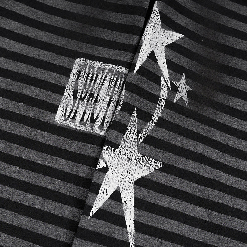 Striped Zip-Up Hoodie – Distressed Dark Streetwear with Music Graphic Print