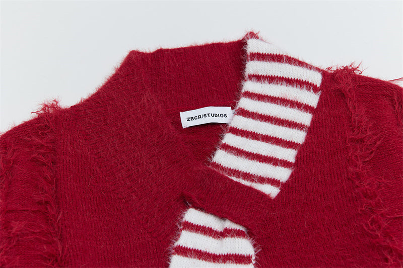 V-Neck Oversized Knit Sweater with Striped Scarf Detail