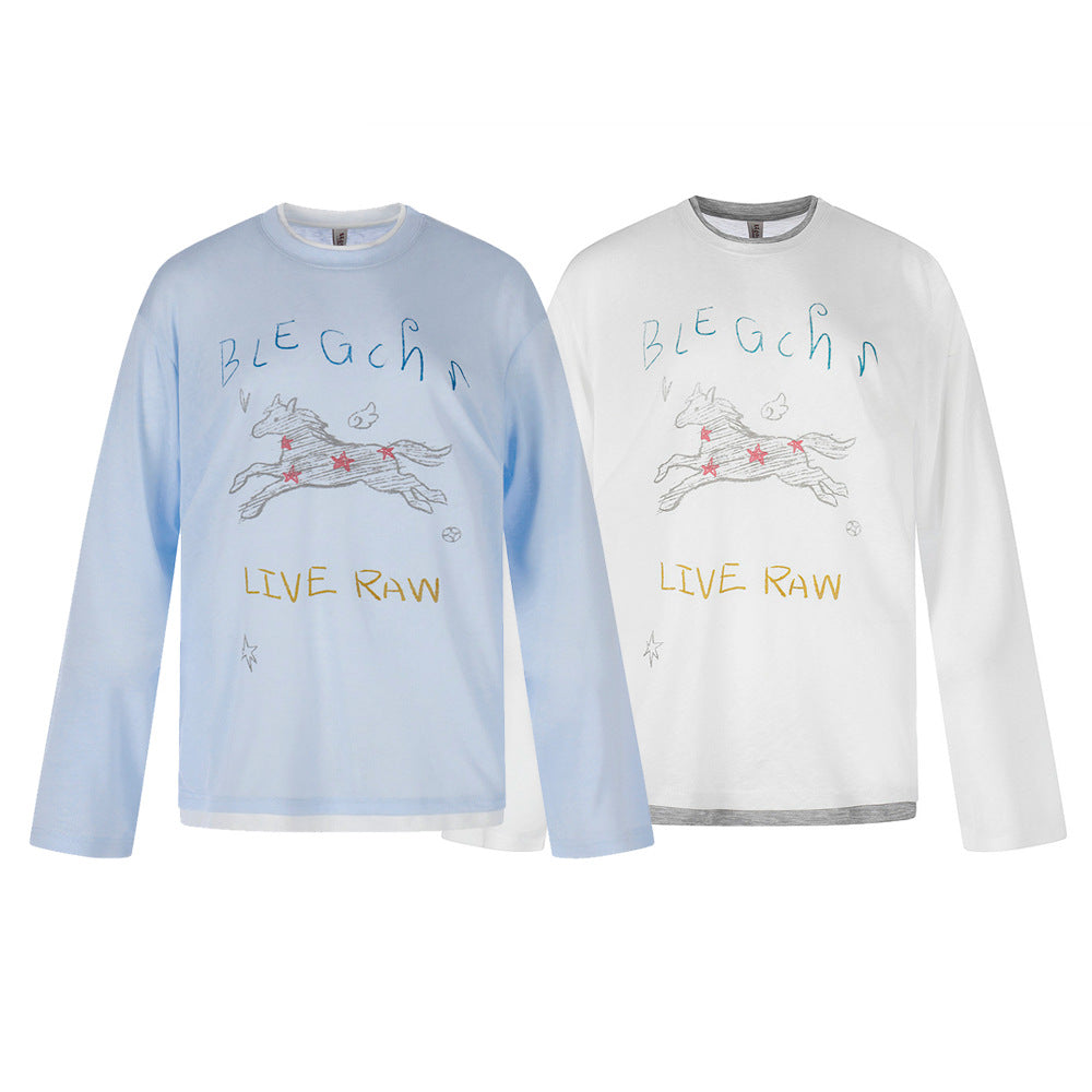 Oversized long-sleeve graphic tee with running horse print and LIVE RAW slogan in white and sky blue
