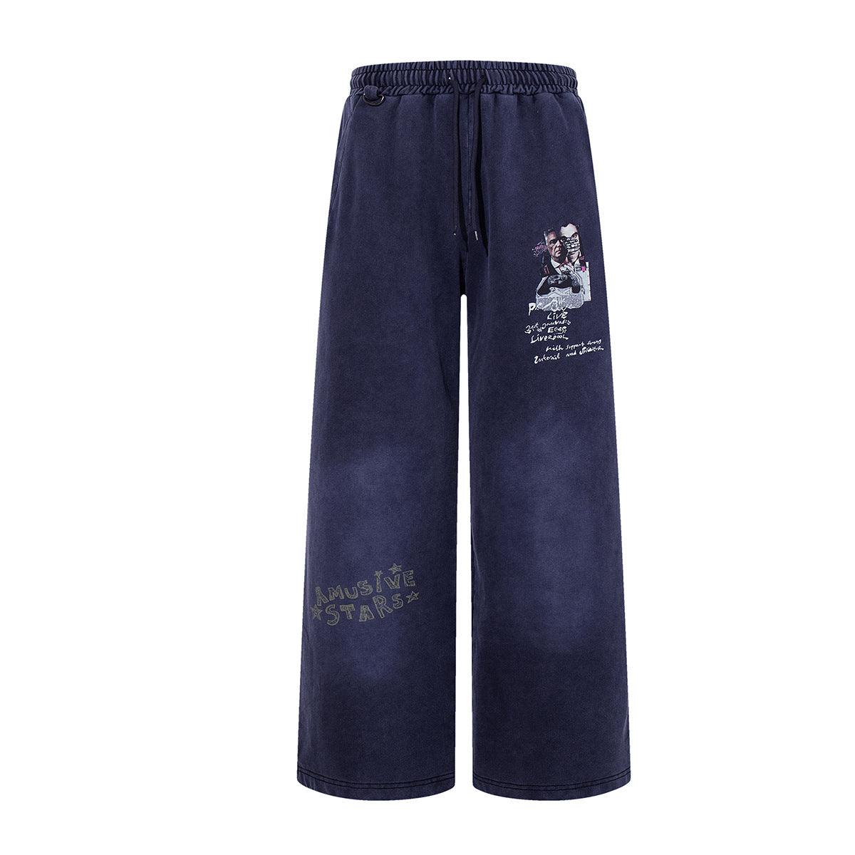 Navy acid wash wide-leg sweatpants with vintage graphic concert print on thigh and Amusive Stars lettering near hem