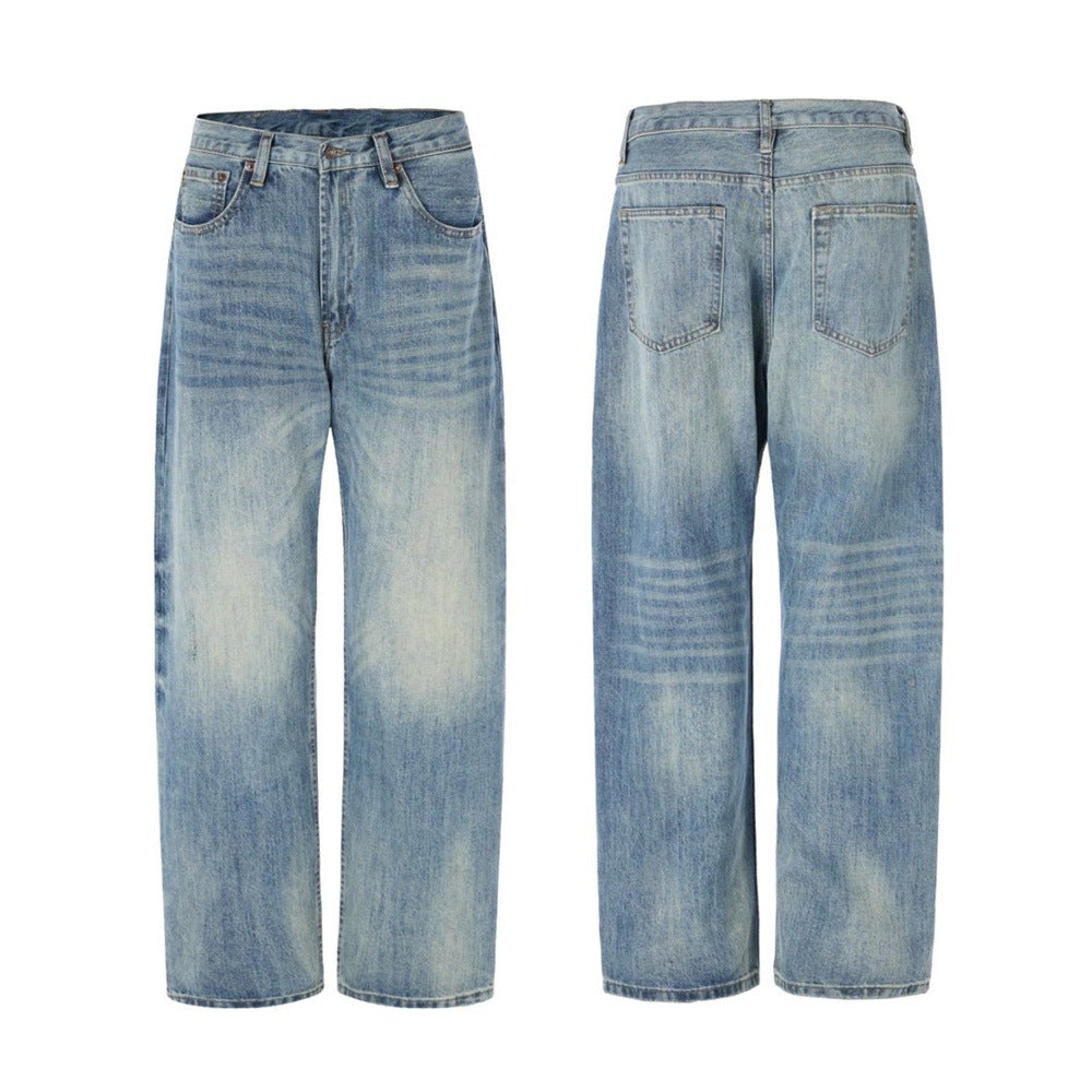 Men's wide-leg washed vintage blue jeans with relaxed straight fit and heavy sand-wash detailing, front and back view