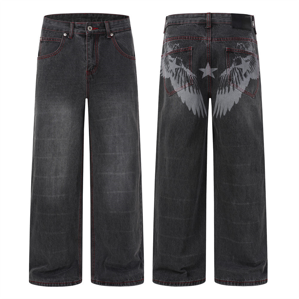 Wide Leg Jeans with Wing & Star Back Print, Red Contrast Stitching