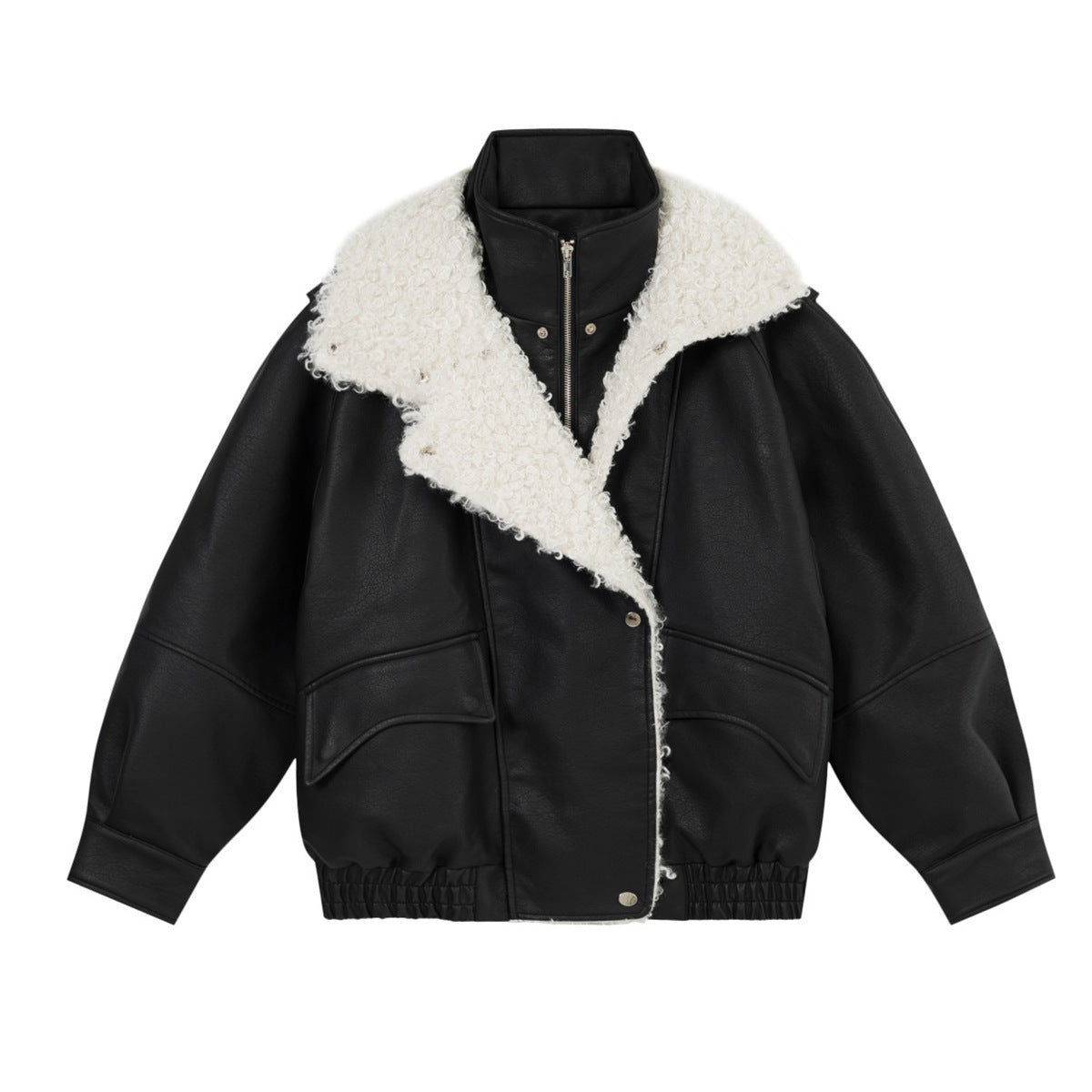 Veste en simili cuir et fourrure, bomber oversize à col sherpa
