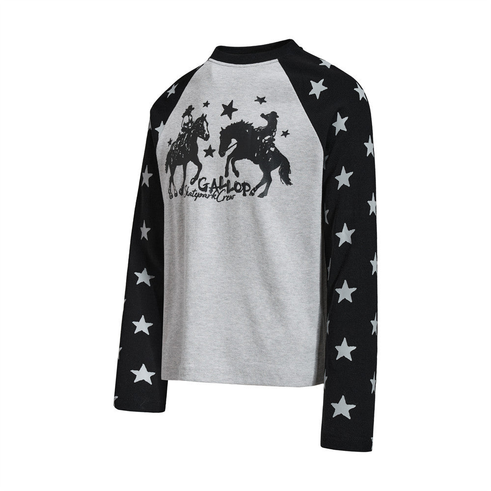 Long Sleeve Shirt Women Cowboy Star Print Raglan Waffle Knit Top