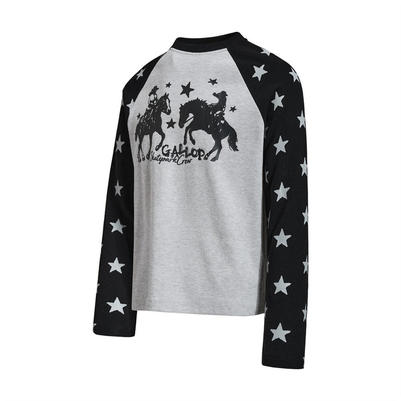 Long Sleeve Shirt Women Cowboy Star Print Raglan Waffle Knit Top
