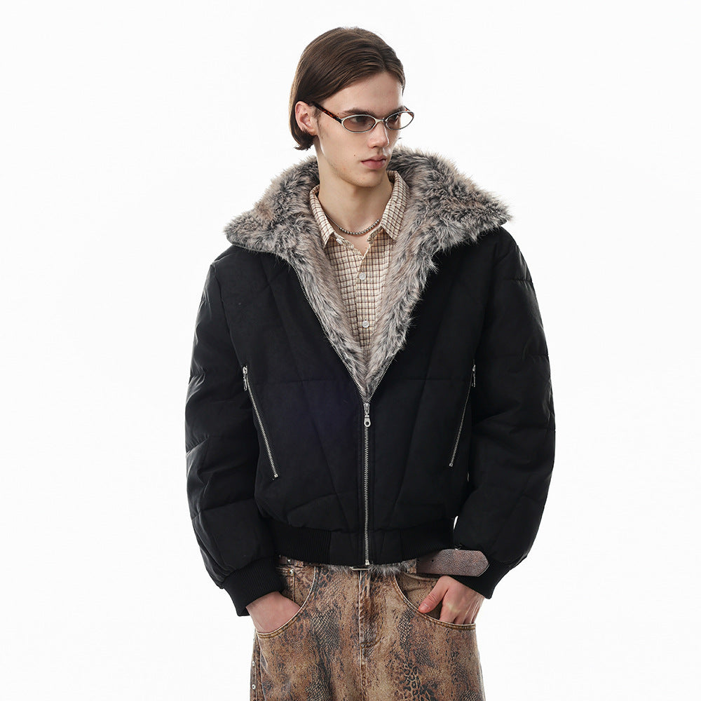 Cazadora bomber puffer oversize acolchada para hombre, con cuello de pelo sintético, en negro, vista delantera