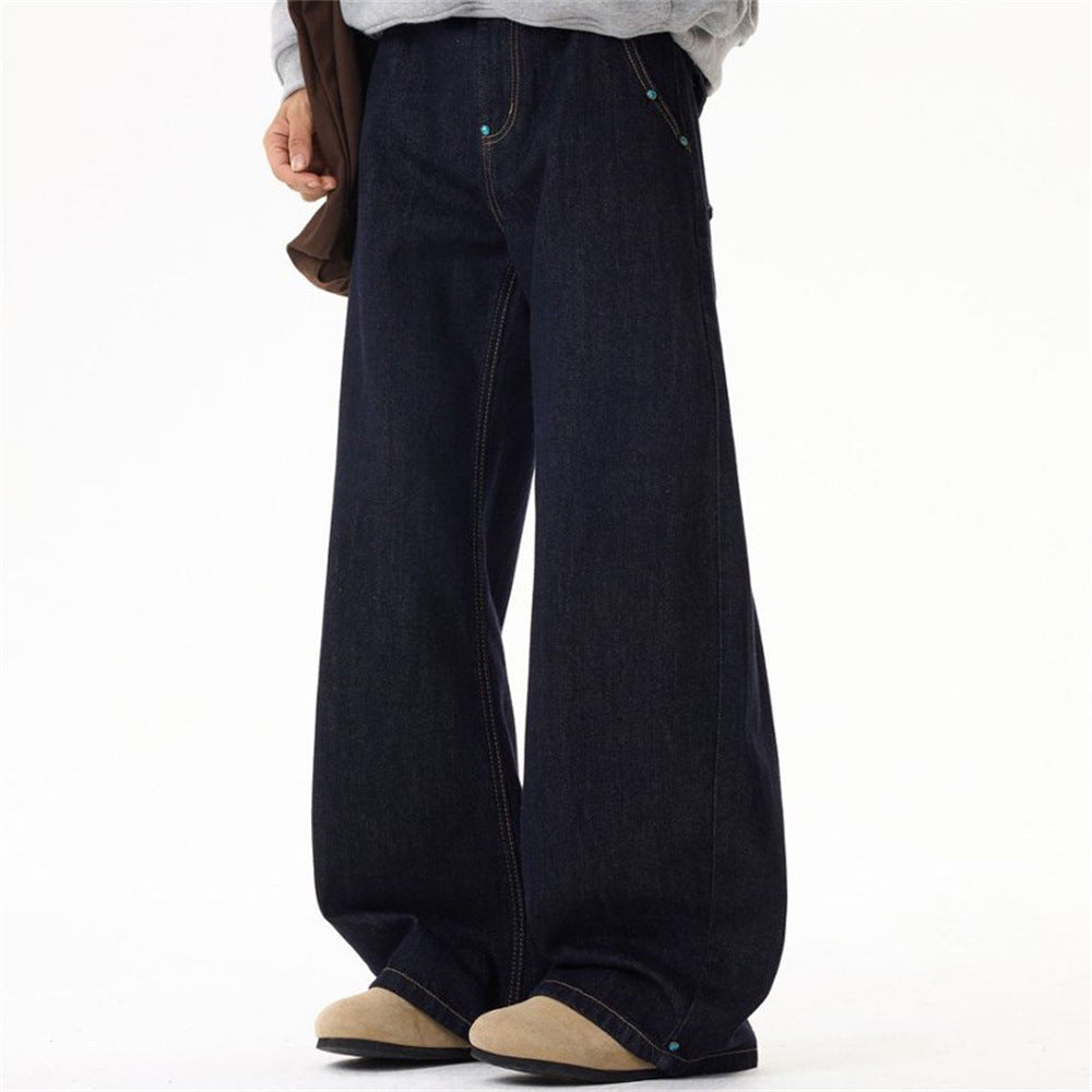 Wide-Leg Barrel Jeans – Turquoise Stud Detail, Curved Silhouette