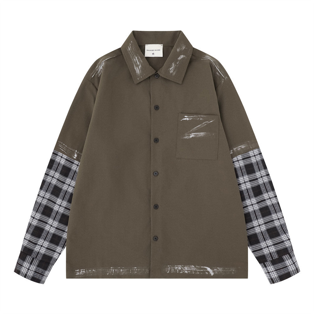 Plaid Splice Long Sleeve Shirt – Faux Two-Piece Brushstroke Detail, Relaxed Fit